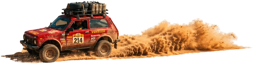 La Lada Niva nel deserto tra la polvere